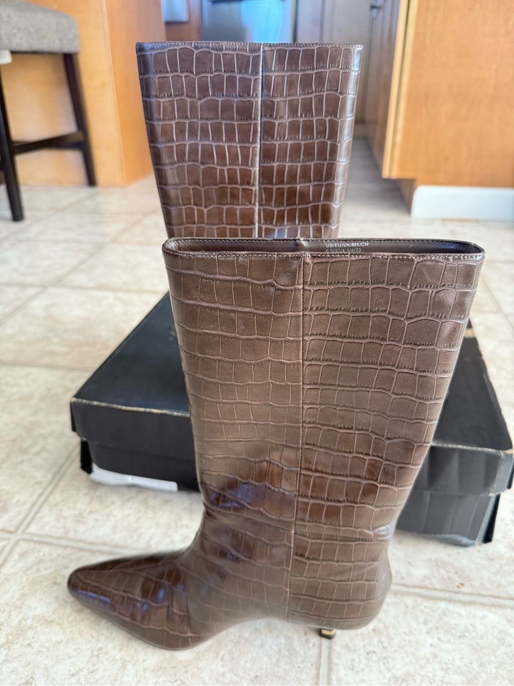 Brown Croc-Embossed Women’s Mid-Calf Boots
